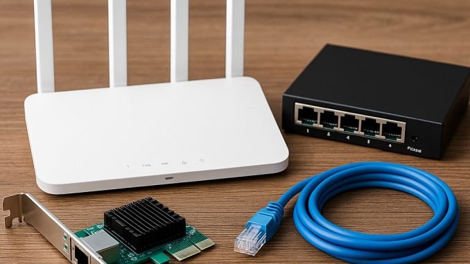 ChatGPT Image 21 de mai. de 2025, 07_01_58 a white router with a blue cable and a black box