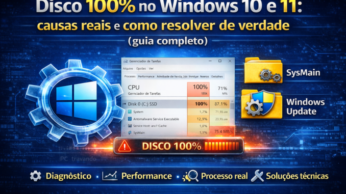 Disco 100% no Windows 10 e 11, causas reais e como resolver