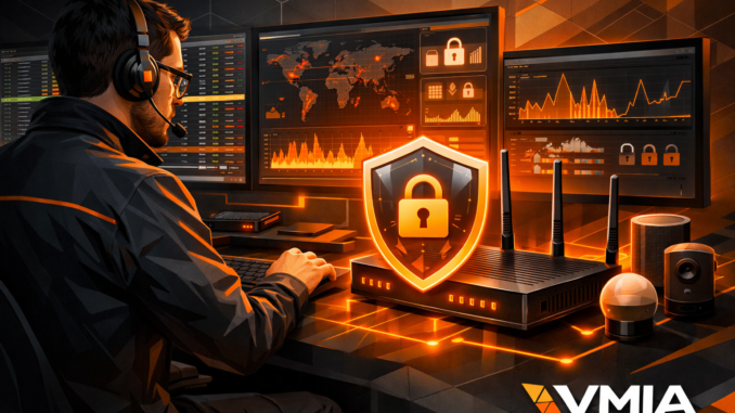 Antivírus de rede protegendo roteador Wi-Fi com firewall e monitoramento de tráfego em ambiente tecnológico VMIA