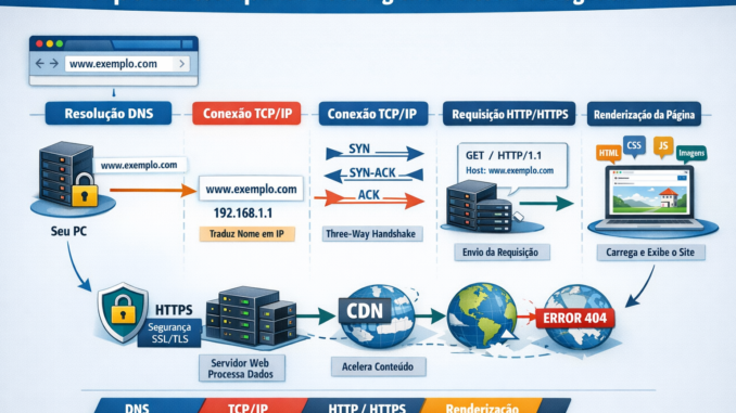 Diagrama explicando o que acontece ao digitar um site no navegador incluindo DNS, TCP/IP, HTTP e renderização da página