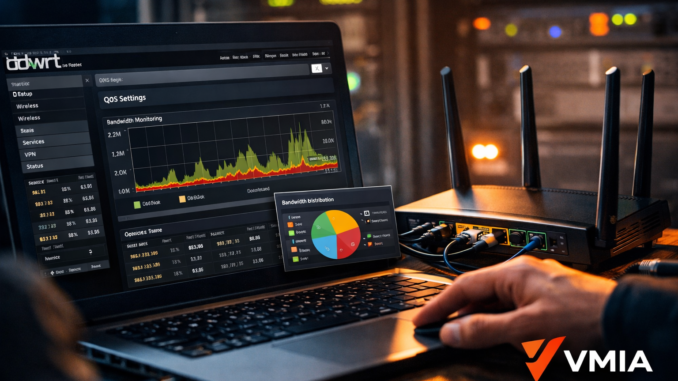 Configuração avançada de roteador com DD-WRT mostrando monitoramento de rede e controle de QoS