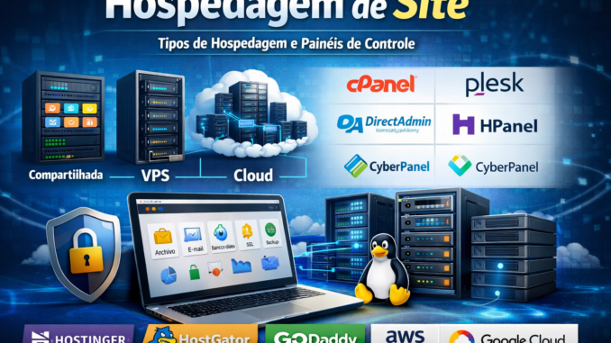 Hospedagem de site com comparação entre tipos de servidores e painéis como cPanel, Plesk e VPS
