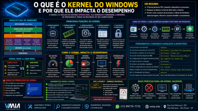 Infográfico explicando o que é o kernel do Windows, como funciona o gerenciamento de CPU, memória, drivers e como impacta o desempenho do computador.