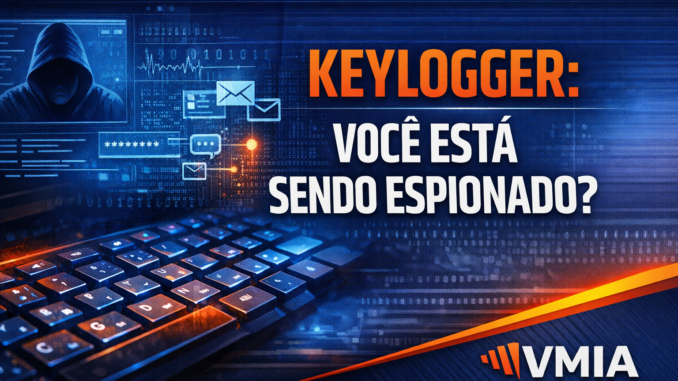 Ilustração de keylogger capturando dados do teclado em ambiente de segurança digital com conceito de espionagem cibernética
