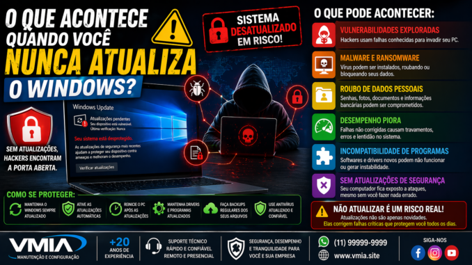 Ilustração mostrando computador com Windows desatualizado em risco, destacando vulnerabilidades, malware, queda de desempenho e alerta de segurança