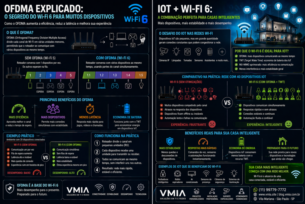 Infografico Explicando Ofdma No Wifi 6 Mostrando Como Varios Dispositivos Se Comunicam Ao Mesmo Tempo Melhorando Desempenho E Reduzindo Latencia