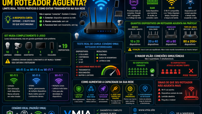 infográfico mostrando quantos dispositivos um roteador aguenta com comparação wifi 5 wifi 6 wifi 7 e impacto de iot na rede