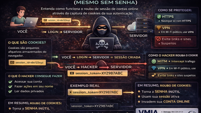 Diagrama explicando como funciona o roubo de cookies de sessão e o ataque de session hijacking