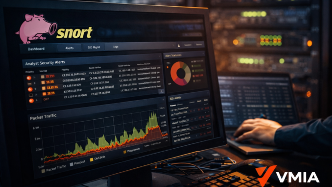 Tela de monitoramento do Snort exibindo análise de tráfego de rede, alertas de segurança e detecção de intrusões em tempo real