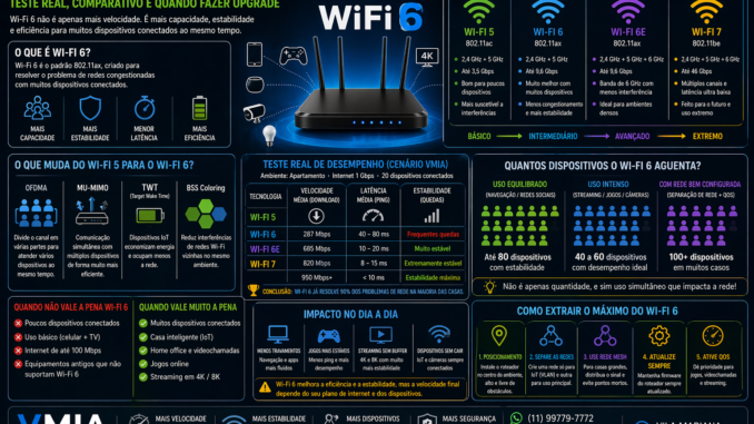 infografico comparando wifi 5 wifi 6 wifi 6e e wifi 7 mostrando desempenho quantidade de dispositivos e vantagens do wifi 6 em 2026