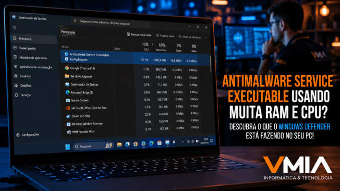 Notebook com Windows 11 exibindo processo Antimalware Service Executable usando muita memória RAM e CPU no Gerenciador de Tarefas