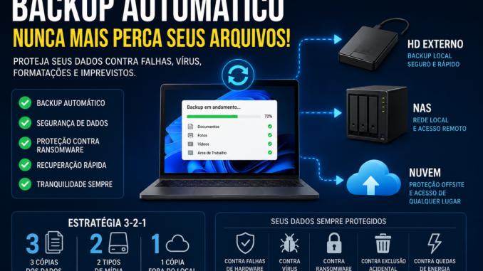 Backup automático no Windows 11 utilizando HD externo, NAS e nuvem para proteger arquivos contra vírus, ransomware e perda de dados.