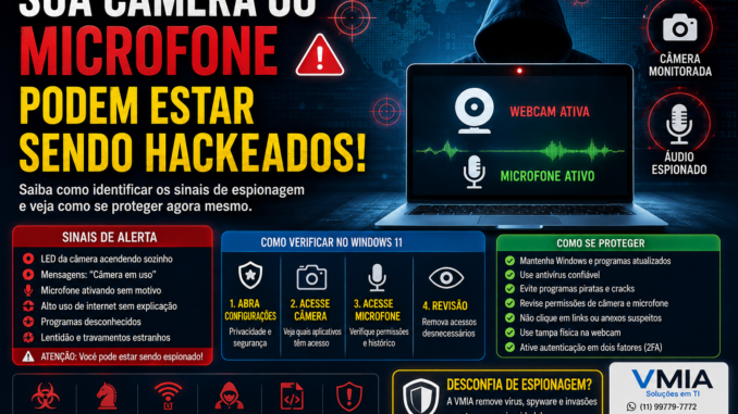 Notebook com webcam e microfone sendo espionados por hacker mostrando sinais de câmera hackeada e spyware no Windows