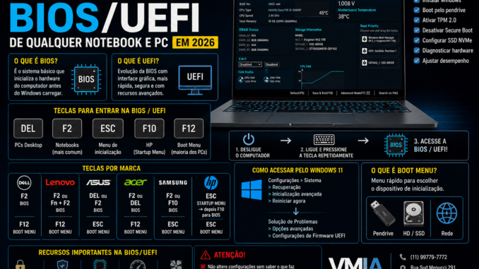 Tutorial mostrando como entrar na BIOS e UEFI de notebooks e PCs usando teclas como F2, DEL, ESC e F12 em marcas Dell, Lenovo, ASUS, Acer, Samsung e HP