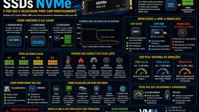 Infográfico explicando como funciona o cache dos SSDs NVMe, incluindo SLC Cache, DRAM, HMB, NAND Flash, thermal throttling e queda de velocidade em SSDs modernos