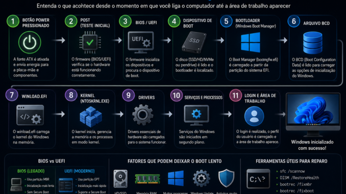 Infográfico técnico explicando como funciona a inicialização do Windows, incluindo BIOS, UEFI, POST, Bootloader, BCD, Kernel, drivers e processo de boot do Windows 10 e Windows 11.