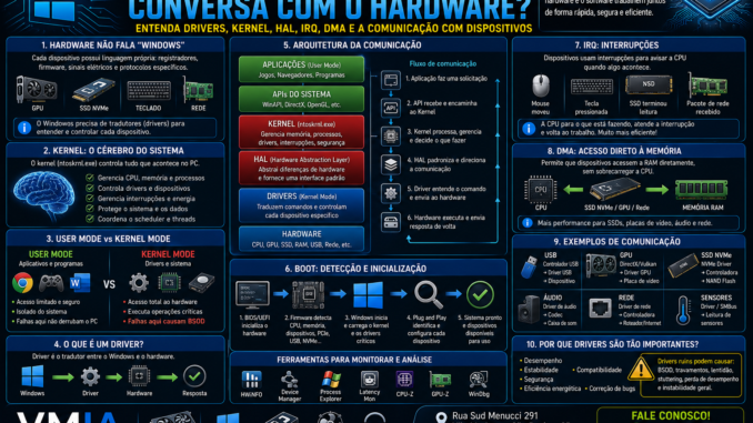 Infográfico VMIA explicando como o Windows conversa com hardware usando drivers, kernel e HAL