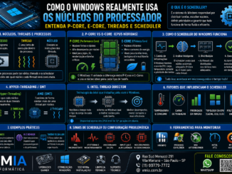 Infográfico Técnico Da Vmia Explicando Como O Windows 11 Utiliza Núcleos Híbridos P-Core E E-Core, Scheduler, Hyper-Threading, Smt E Intel Thread Director Em Cpus Modernas Intel E Amd.