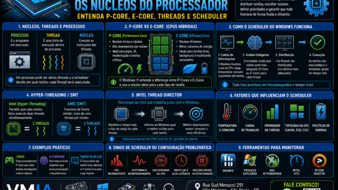 Infográfico técnico da VMIA explicando como o Windows 11 utiliza núcleos híbridos P-Core e E-Core, scheduler, Hyper-Threading, SMT e Intel Thread Director em CPUs modernas Intel e AMD.