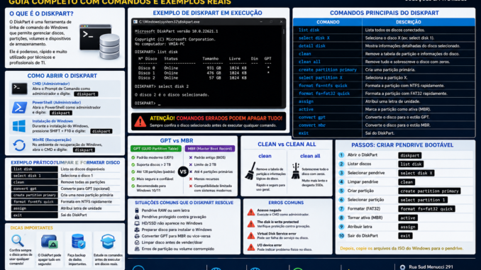Infográfico VMIA mostrando como usar o DiskPart no Windows com comandos principais, GPT vs MBR, clean vs clean all, criação de pendrive bootável e exemplos práticos.