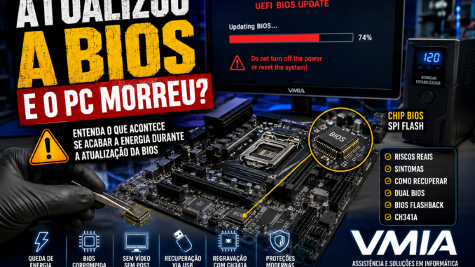 Técnico da VMIA recuperando placa-mãe após falha de energia durante atualização da BIOS UEFI
