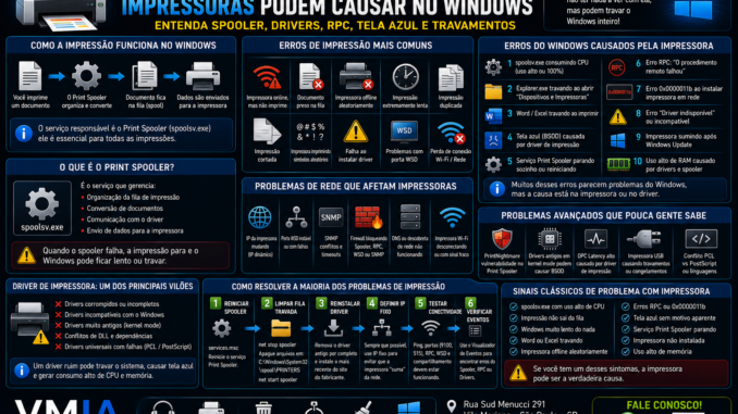 Infográfico VMIA mostrando erros de impressora no Windows, incluindo spooler travado, erro RPC, tela azul, drivers e falhas de impressão