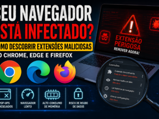 Ilustração Tecnológica Mostrando Notebook Com Alerta De Extensão Perigosa No Navegador, Lupa Analisando Permissões Suspeitas, Logos Do Chrome, Edge E Firefox, Destacando Riscos Como Pop-Ups Indesejados, Navegador Lento, Alto Consumo De Memória E Roubo De Dados.
