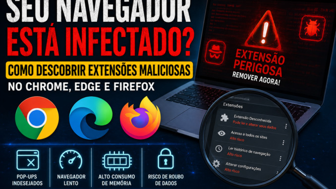 Ilustração tecnológica mostrando notebook com alerta de extensão perigosa no navegador, lupa analisando permissões suspeitas, logos do Chrome, Edge e Firefox, destacando riscos como pop-ups indesejados, navegador lento, alto consumo de memória e roubo de dados.