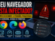 Ilustração Tecnológica Mostrando Notebook Com Alerta De Extensão Perigosa No Navegador, Lupa Analisando Permissões Suspeitas, Logos Do Chrome, Edge E Firefox, Destacando Riscos Como Pop-Ups Indesejados, Navegador Lento, Alto Consumo De Memória E Roubo De Dados.