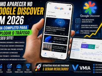 Smartphone Exibindo Google Discover Com Posts Tecnológicos Da Vmia, Gráfico De Crescimento De Tráfego E Painel Do Google Search Console Mostrando Métricas De Seo E Discover.