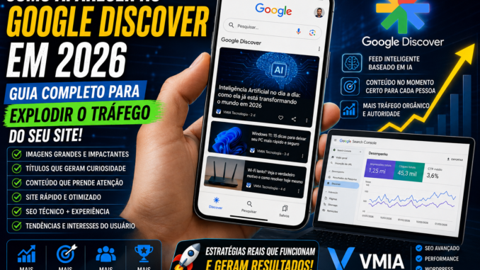 Smartphone exibindo Google Discover com posts tecnológicos da VMIA, gráfico de crescimento de tráfego e painel do Google Search Console mostrando métricas de SEO e Discover.