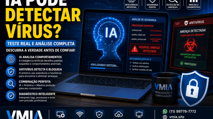 Inteligência artificial analisando possível vírus em computador com alerta de segurança digital na tela