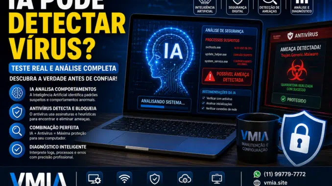 Inteligência artificial analisando possível vírus em computador com alerta de segurança digital na tela