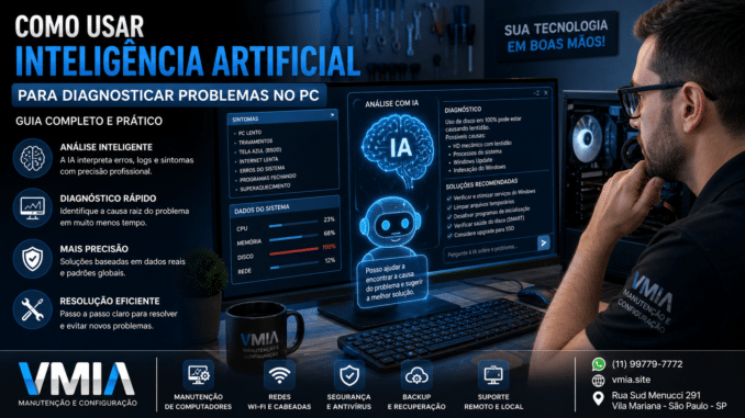 Diagnóstico de computador com inteligência artificial sendo utilizado por técnico em ambiente Windows