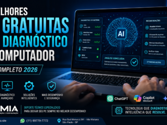 Imagem Ilustrando Diagnóstico De Computador Com Inteligência Artificial, Mostrando Análise De Sistema Com Cpu, Memória, Disco E Recomendações Automáticas Usando Ia Como Chatgpt, Copilot E Gemini.