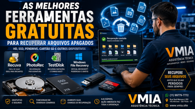 Técnico da VMIA utilizando ferramentas gratuitas como Recuva, PhotoRec e TestDisk para recuperar arquivos apagados de HD, SSD, pendrive e cartão SD no Windows.