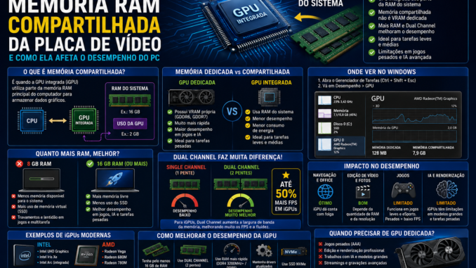 Infográfico explicando o que é memória RAM compartilhada da placa de vídeo, diferença entre GPU integrada e dedicada, VRAM, Dual Channel e impacto no desempenho do computador