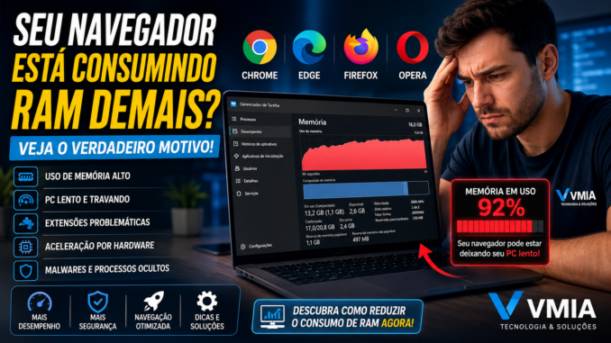 Notebook com Google Chrome, Edge, Firefox e Opera consumindo muita memória RAM no Windows 11 enquanto técnico da VMIA analisa desempenho do computador.