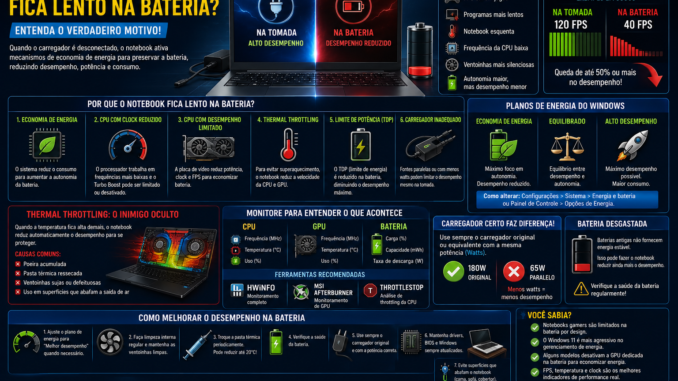 Infográfico explicando por que o notebook fica lento na bateria, mostrando economia de energia, thermal throttling, redução de desempenho da CPU e GPU e impacto no FPS