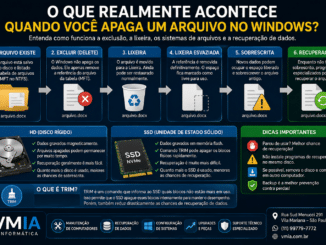 Infográfico Explicando O Que Acontece Quando Um Arquivo É Apagado No Windows, Incluindo Funcionamento Da Lixeira, Sobrescrita, Recuperação De Dados, Ssd, Hd E Comando Trim.