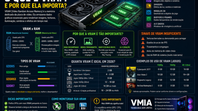 Infográfico explicando o que é VRAM, tipos de memória de vídeo GDDR5, GDDR6 e GDDR7, importância para jogos, inteligência artificial e desempenho gráfico