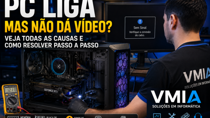 Computador gamer ligado sem imagem no monitor enquanto técnico da VMIA realiza diagnóstico de hardware interno