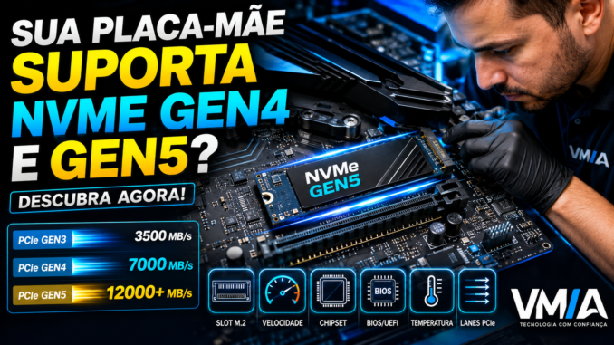 Técnico da VMIA analisando compatibilidade de SSD NVMe PCIe Gen4 e Gen5 em placa-mãe gamer moderna