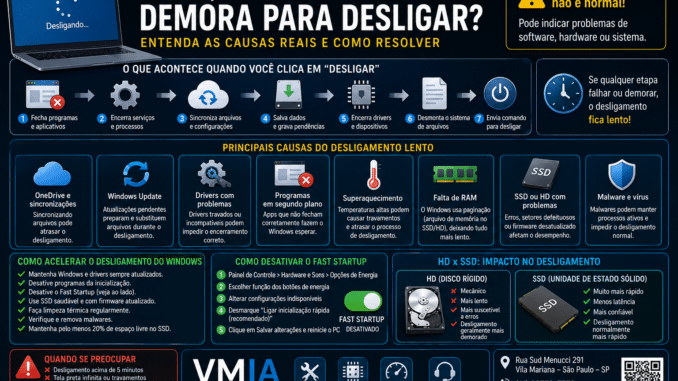 Infográfico técnico da VMIA mostrando por que o Windows demora para desligar, incluindo Fast Startup, drivers, RAM, SSD, malware, superaquecimento e Windows Update.