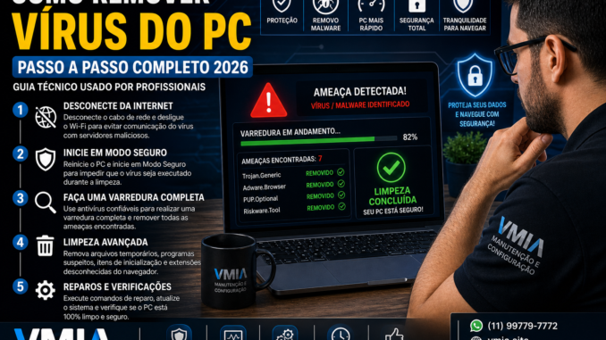 Técnico removendo vírus de computador com análise digital de segurança na tela