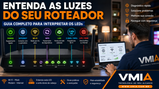 Significado das luzes do roteador Wi-Fi explicado pela VMIA com LEDs Power, Internet, Wi-Fi, WPS, LAN e LOS.