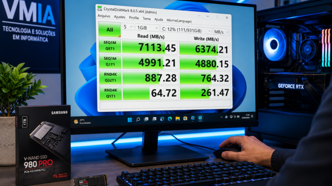 Teste de velocidade de SSD NVMe usando CrystalDiskMark no Windows 11 com computador gamer e benchmark de leitura e gravação