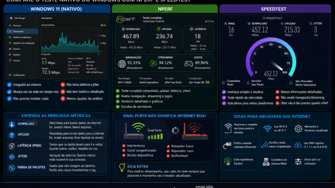 Infográfico VMIA comparando teste de velocidade nativo do Windows 11 com nPerf e Speedtest, explicando download, upload, latência, jitter, perda de pacotes e dicas para melhorar a internet.