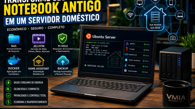 Notebook antigo transformado em servidor doméstico usando Ubuntu Server Docker Jellyfin NAS Pi-hole e automação residencial