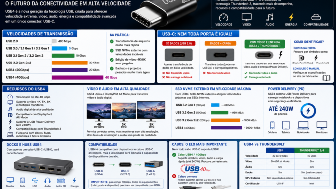 Infográfico completo da VMIA explicando o USB4, velocidades de transmissão, compatibilidade USB-C, vídeo, áudio, Thunderbolt, SSD NVMe externo, Power Delivery e diferenças entre portas USB modernas.
